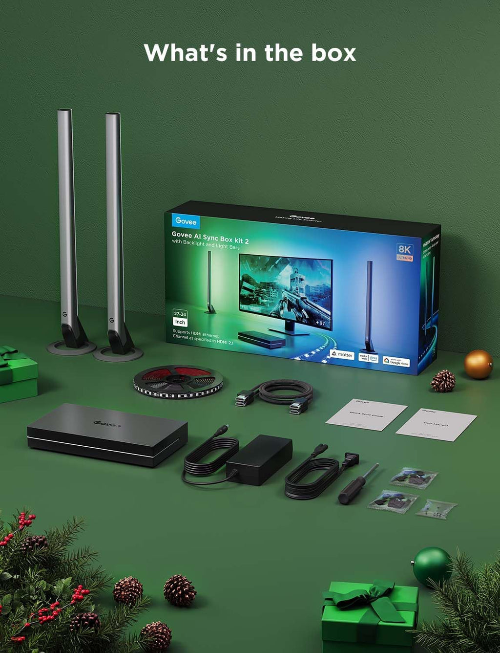 Govee HDMI 2.1 Sync Box Kit 2, Includes AI Sync Box, Light Bars, and Monitor Backlight, Supports 8K@60Hz, 4K@144Hz, VRR and ALLM, Works with Matter and Alexa, RGBIC Light Strip for 27-34 inch Monitor