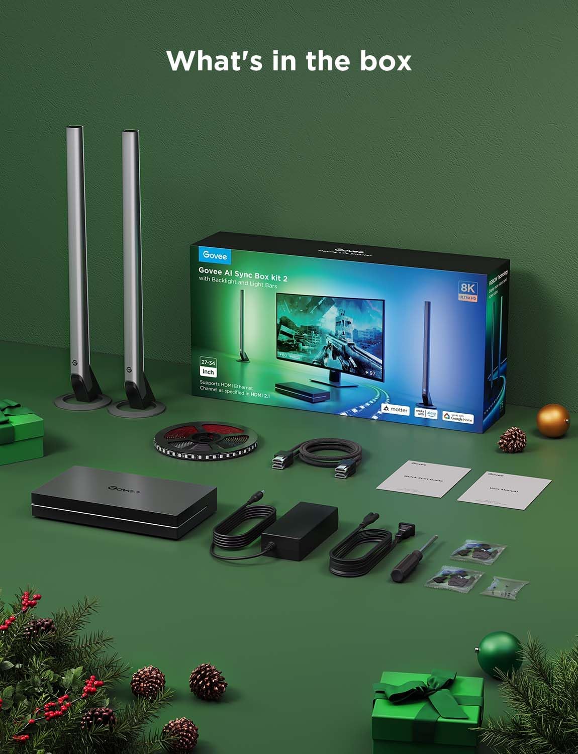 Govee HDMI 2.1 Sync Box Kit 2, Includes AI Sync Box, Light Bars, and Monitor Backlight, Supports 8K@60Hz, 4K@144Hz, VRR and ALLM, Works with Matter and Alexa, RGBIC Light Strip for 27-34 inch Monitor