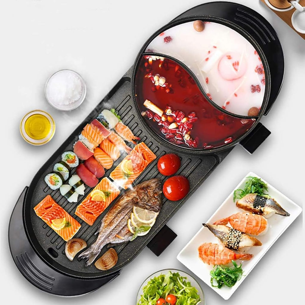 Electric 2 in 1 Grill Indoor Hot Pot Multifunctional Teppanyaki Grill/Shabu Shabu Pot Smokeless with 5 Level Temperature for Family Gathering, Party Indoor/Outdoor