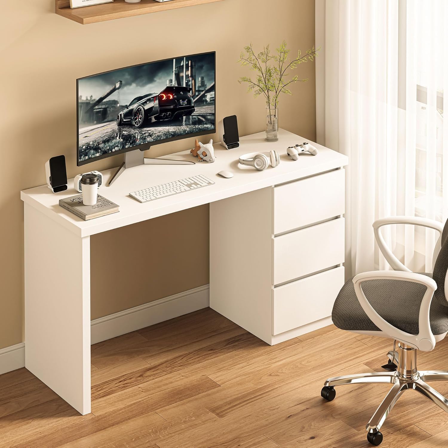 furtble White Desk with Drawers, 47'' W Home Office Desk Gaming Table, Modern Vanity Desk with Storage, Wood Computer Desk Writing Workstation for Bedroom, Living Room