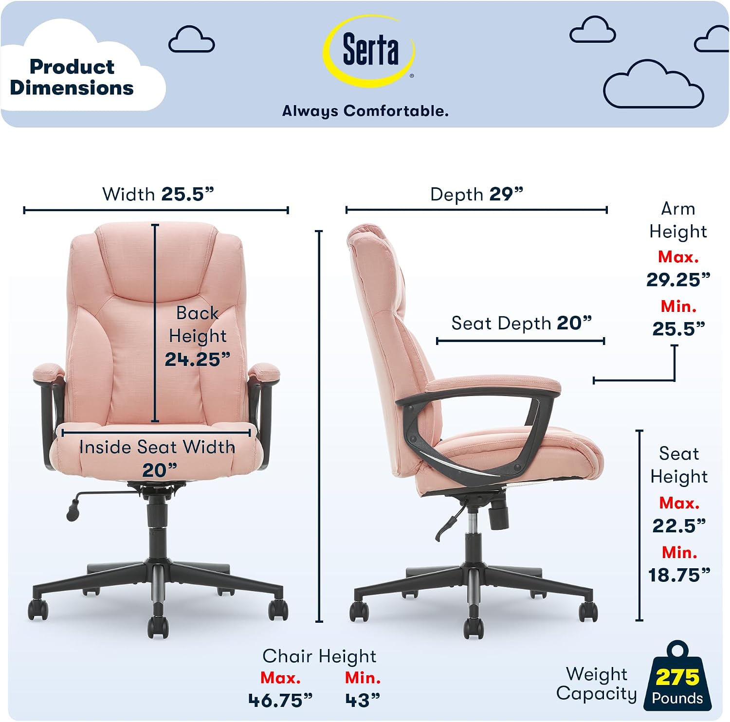Serta Connor Executive Office Chair, Ergonomic Computer Chair with Layered Body Pillows, Contoured Lumbar, Adjustable Seat, Microfiber Fabric, Pink