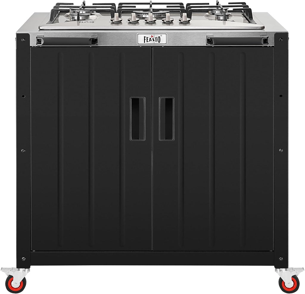 Feasto Gas Grill, Movable Outdoor Gas Stove Stainless Steel Top with Cabinet, 5 Burners with 36,200 BTUs, Outdoor Propane Grill for Outdoor Cooking, Ideal for Lawn & Garden, L35.4 x W24