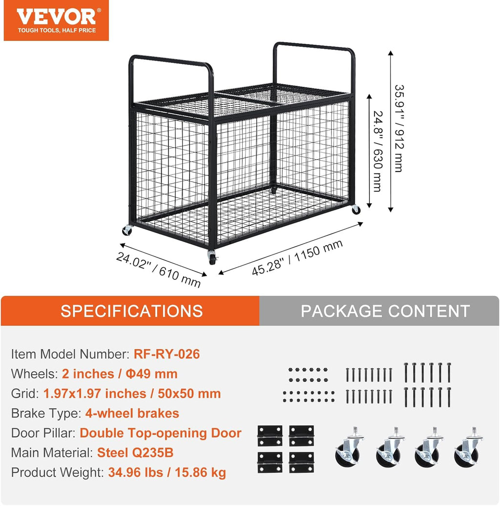VEVOR Rolling Sports Ball Storage Cart, Lockable Basketball Cage with Double Lids, Sport Equipment Holder Organizer for Indoor Outdoor, Steel Storage Rack for Garages, Playgroup, Gym and Schools