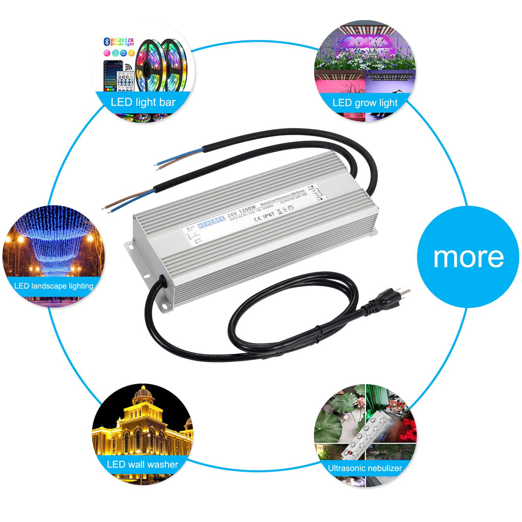LED Driver 24V1200W Waterproof Power Supply AC90-132V to DC24V50A High Power Switching Power Supply IP67 Transformer Suitable for Indoor and Outdoor LED Lighting and Any 24V DC Equipment
