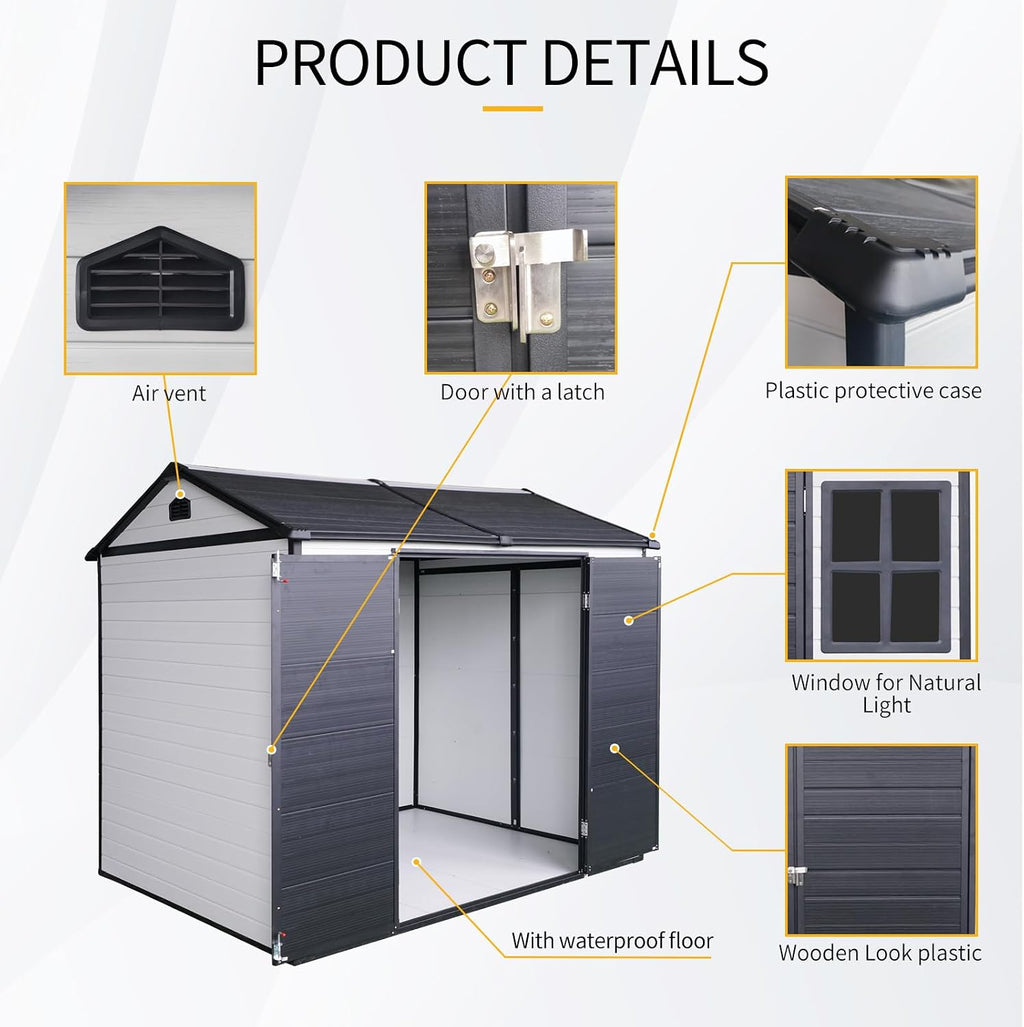 Ball & Cast 8x6 FT Resin Outdoor Storage Shed,Waterproof Garden Organizer Tool House with Floor & Two Windows,Backyard Cabinet w/Lockable Door and 2 Ventilation,Shelter for Car,Lawnmower,Grey+White