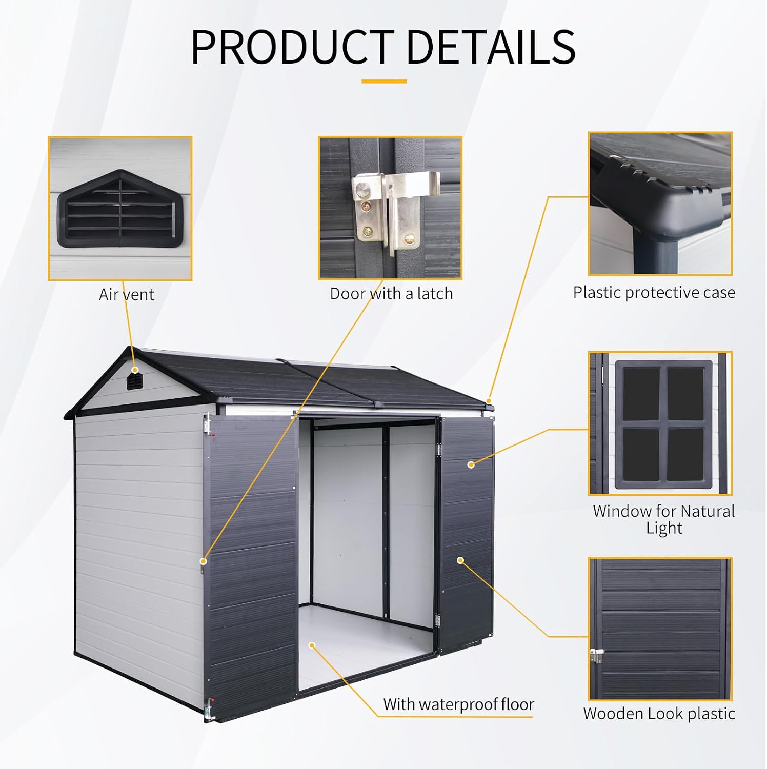 Ball & Cast 8x6 FT Resin Outdoor Storage Shed,Waterproof Garden Organizer Tool House with Floor & Two Windows,Backyard Cabinet w/Lockable Door and 2 Ventilation,Shelter for Car,Lawnmower,Grey+White