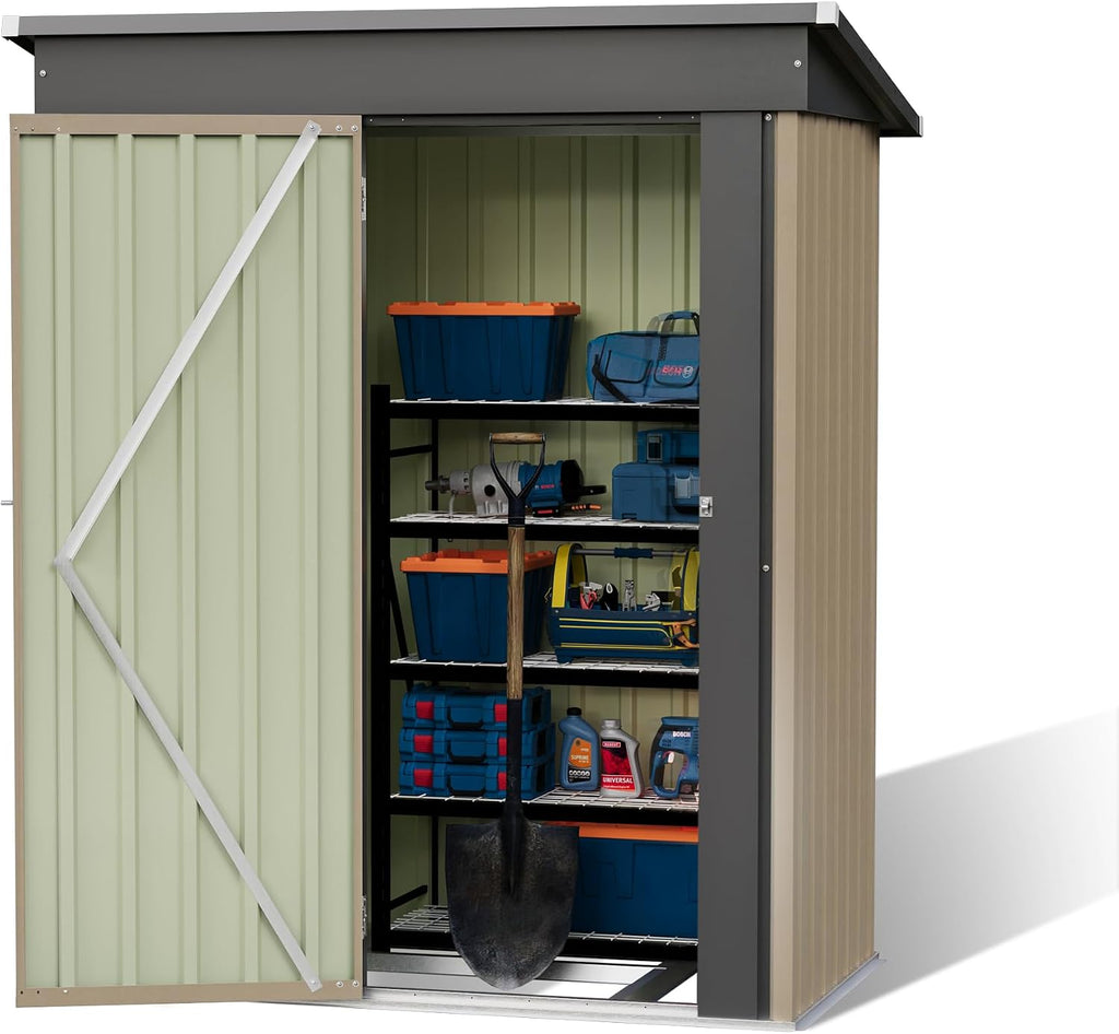 Patiowell 5x3 FT Outdoor Storage Shed with Floor Frame, Small Metal Garden Sheds with Sloping Roof and Lockable Door, Waterproof Patio Tool Shed for Backyard Garden Lawn, Brown