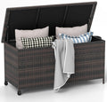 RELAX4LIFE 85-Gallon Deck Box with Wheels - Wicker Rattan Storage Bin Container w/Waterproof Liner & Gas Strut for Patio Cushions, Garden Tools, Pool Supplies, Indoor Outdoor Storage Box (Brown)