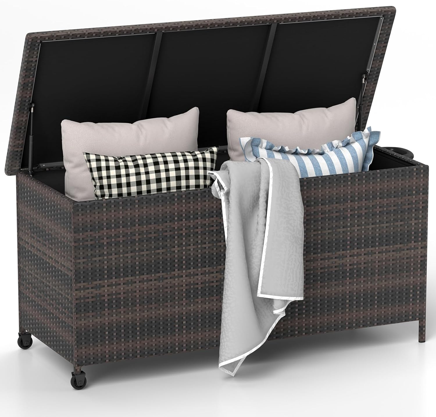 RELAX4LIFE 85-Gallon Deck Box with Wheels - Wicker Rattan Storage Bin Container w/Waterproof Liner & Gas Strut for Patio Cushions, Garden Tools, Pool Supplies, Indoor Outdoor Storage Box (Brown)