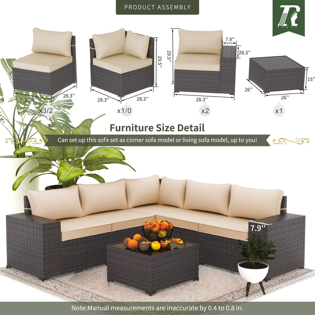6 PCS Outdoor Patio Furniture Set,Outdoor Sectional Furniture All Weather PE Rattan Wicker Patio Conversation Set with Coffee Table and 5 Thickened Cushions,Sand