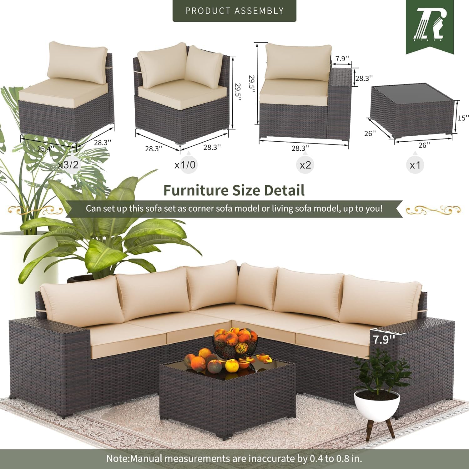 6 PCS Outdoor Patio Furniture Set,Outdoor Sectional Furniture All Weather PE Rattan Wicker Patio Conversation Set with Coffee Table and 5 Thickened Cushions,Sand