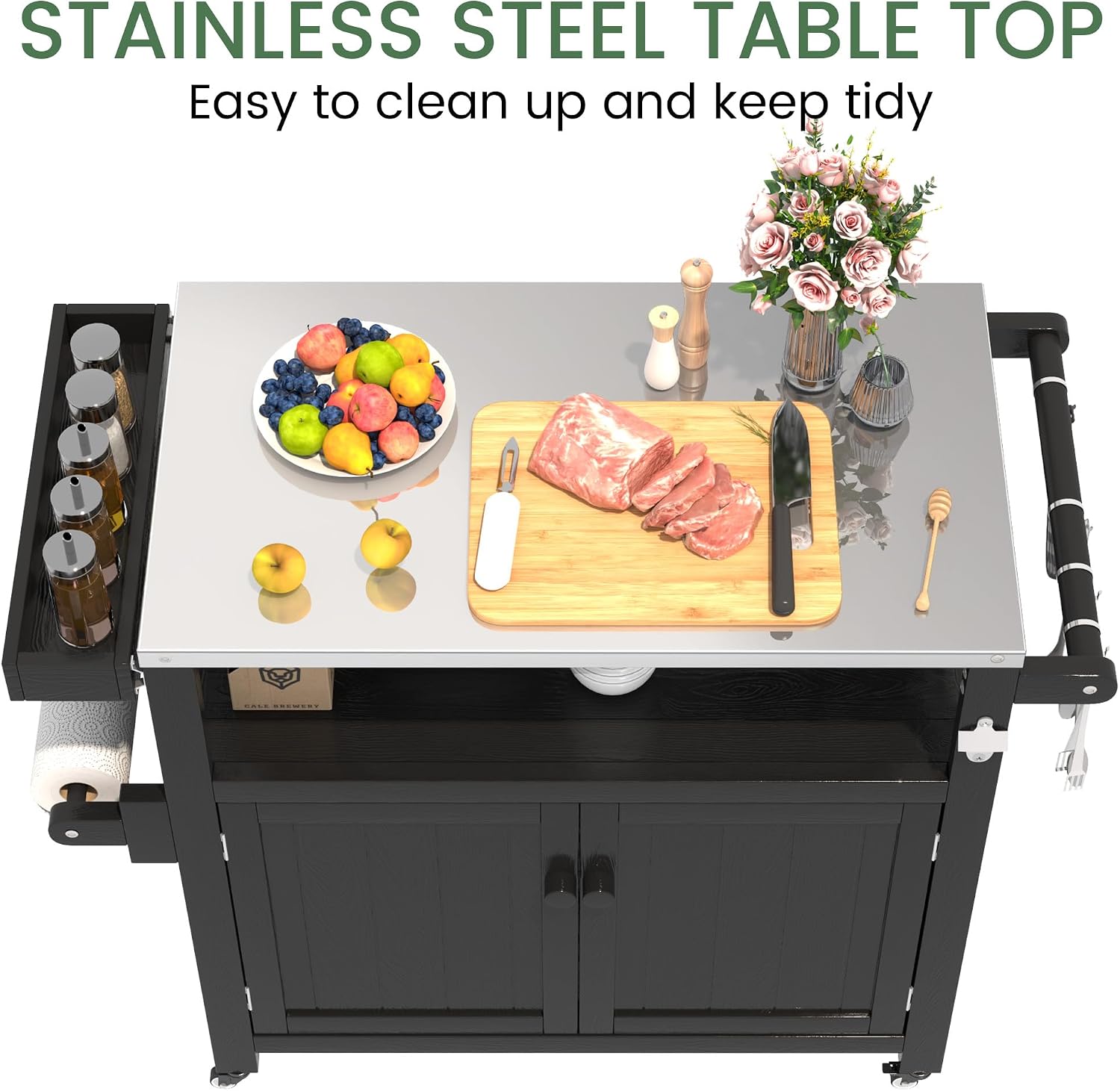 Weatherproof HIPS Outdoor Kitchen Island with Stainless Steel Top & Storage Cabinet, Movable Prep Table with Wheels for BBQ Food Prep, Outdoor Grill Cart for Parties, Black