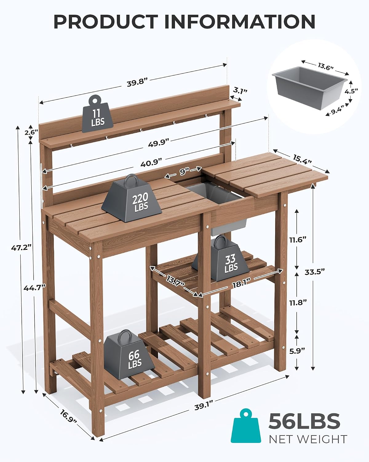SERWALL Outdoor Potting Bench 2-Piece Set, Rot-Resistant HDPE Potting Table with Removable Sink for Outside Gardening, All-Weather Use - Brown
