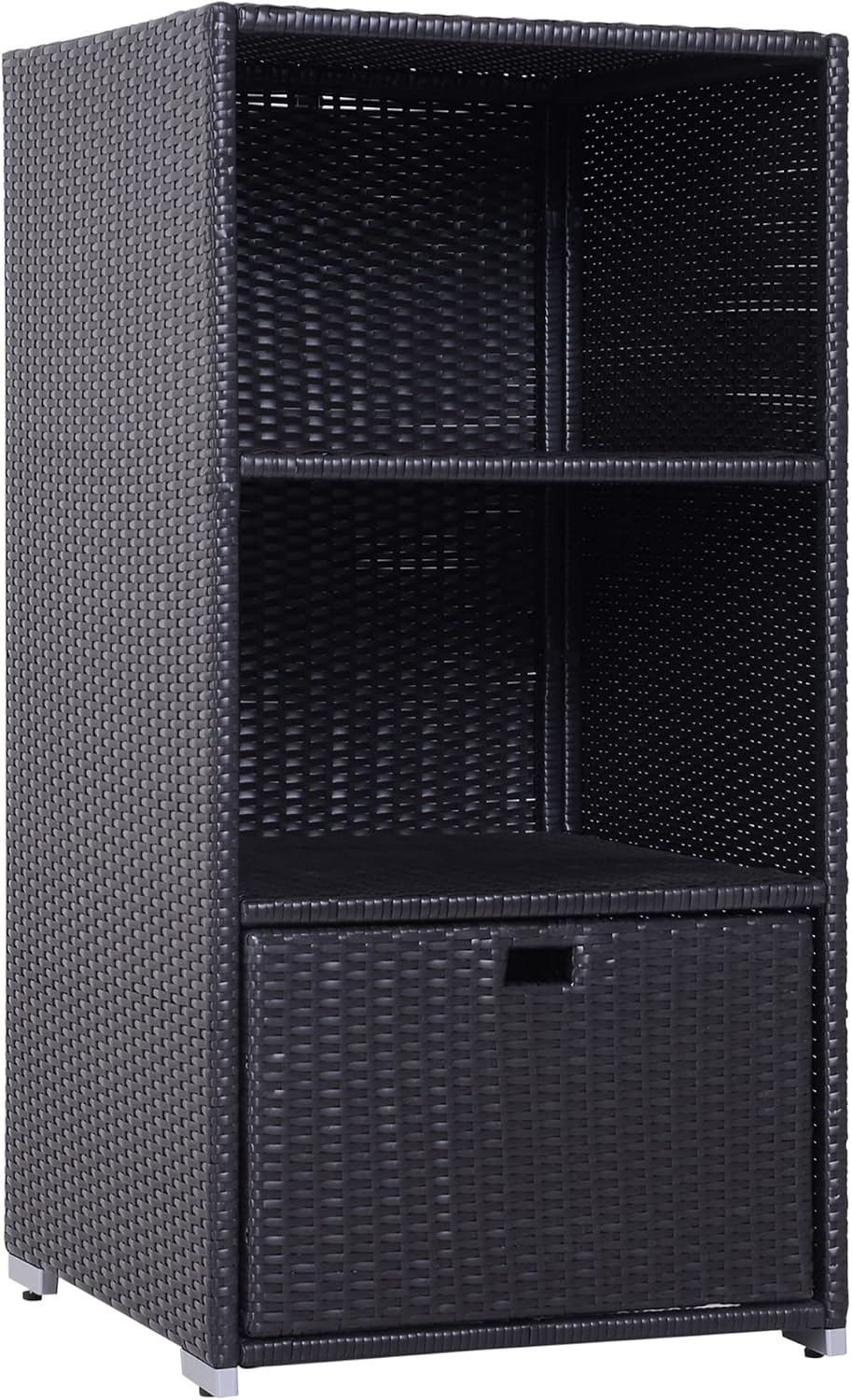 Outsunny Valet Pool Towel Rack, Waterproof PE Plastic Rattan Wicker Storage Organizer, Indoor Outdoor Spa, and Hot Tub Accessory Storage, 2 Shelves, 1 Basket Drawer, Espresso
