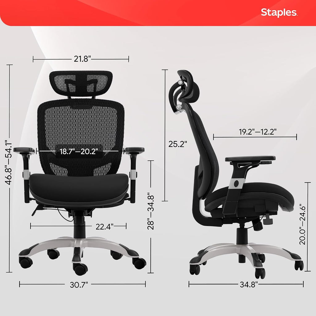 STAPLES Hyken Ergonomic Office Chair Adjustable Lumbar Support with Breathable Mesh, Swivel Desk Chair for Home Office, Black (XL)