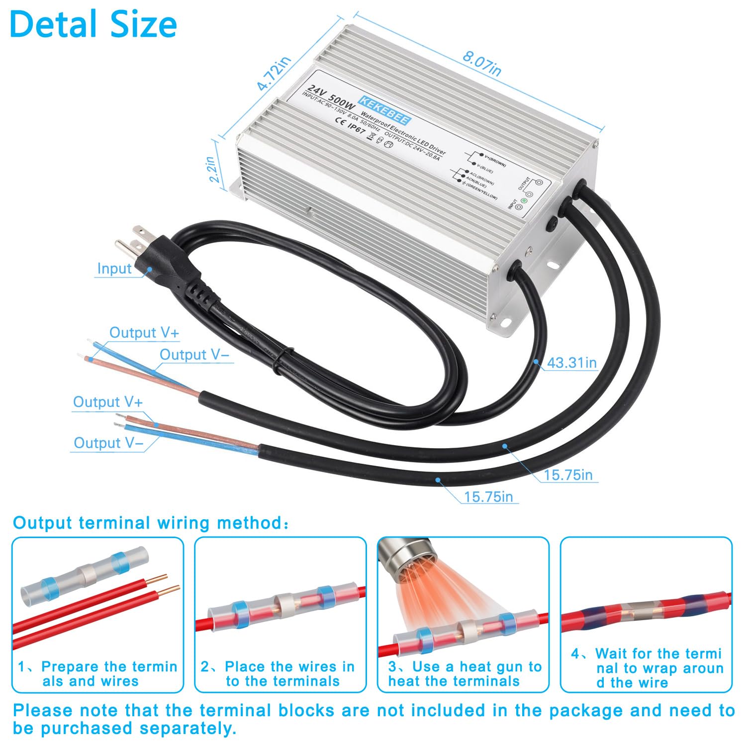 LED Driver 24V500W Waterproof Power Supply 24V DC 20.8A Low Voltage Switching Power Supply Suitable for Street Lights Lawn Lights LED Outdoor Landscape Lights Waterproof Transformer
