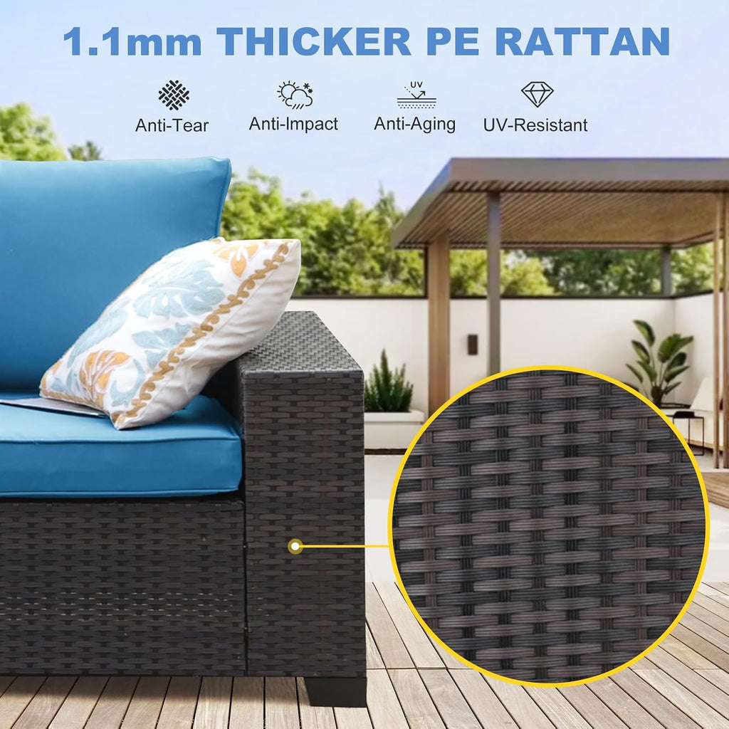 Patio Furniture Set, 6 Pieces Outdoor Couch Sofa with Wider Armrests & Glass Coffee Table, Outdoor Sectional Furniture with Thick Cushions for Party, Poolside,Garden-Peacock