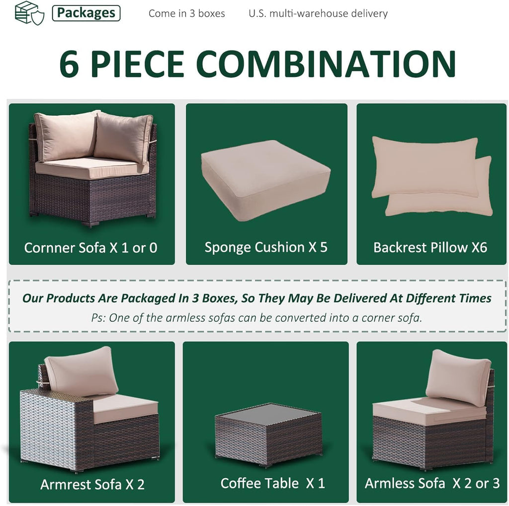 6 PCS Outdoor Patio Furniture Set,Outdoor Sectional Furniture All Weather PE Rattan Wicker Patio Conversation Set with Coffee Table and 5 Thickened Cushions,Sand