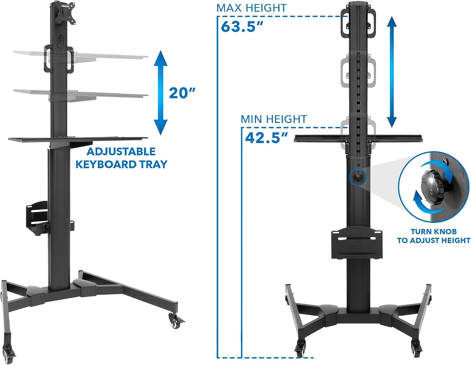 Mount-It! Computer Cart Mobile Desk Workstation with Monitor Mount for Screen up to 32', Rolling Computer Desk PC Cart, Keyboard & Mouse Tray, Rolling Stand with Adjustable CPU Holder, 63.5' Tall