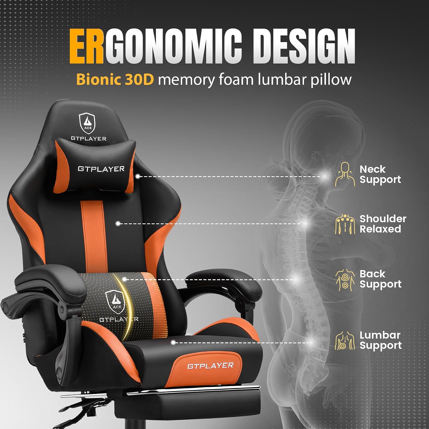 GTPLAYER Gaming Chair with Foot Rest & Pocket Spring Cushion, Ergonomic High Back Computer Chair with Headrest & 360°-Swivel Seat for Home Office Desk, PU Leather, Orange