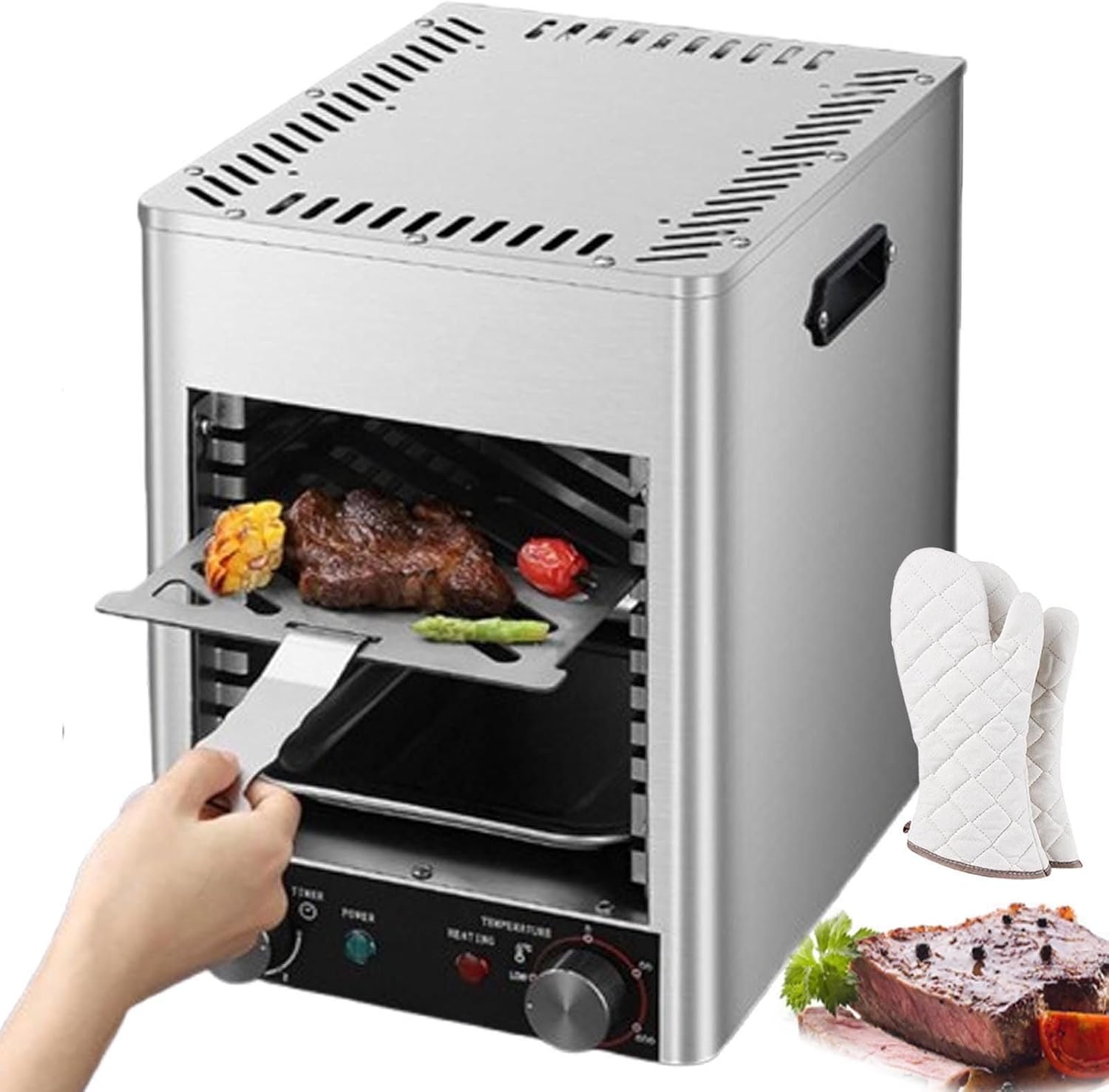 Electric Steak Grill Indoor, 1700w Steak Broiler Automatic Steak Smoker Grill With Gloves/Baking Tray,800℃ Adjustable Temperature & 10min Timer For Beef Chicken Vegetables,B