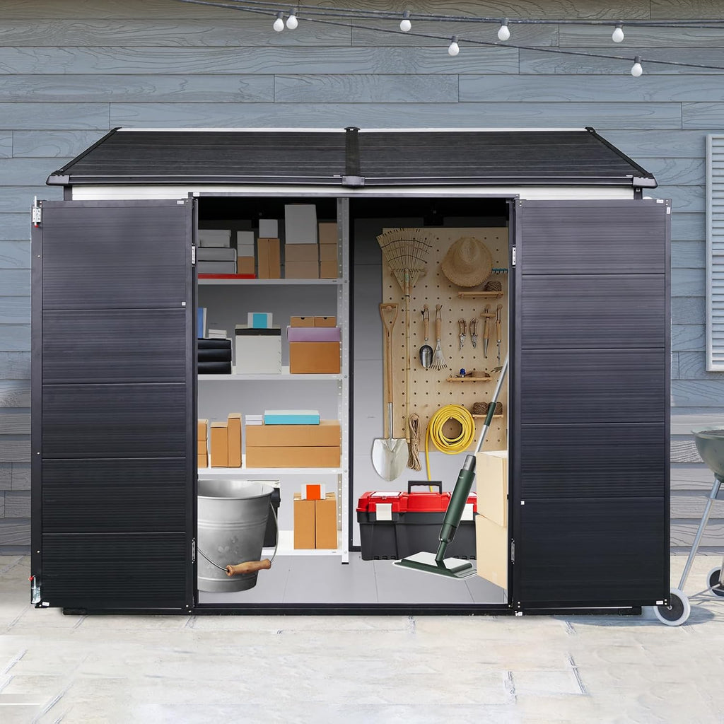Ball & Cast 8x6 FT Resin Outdoor Storage Shed,Waterproof Garden Organizer Tool House with Floor & Two Windows,Backyard Cabinet w/Lockable Door and 2 Ventilation,Shelter for Car,Lawnmower,Grey+White