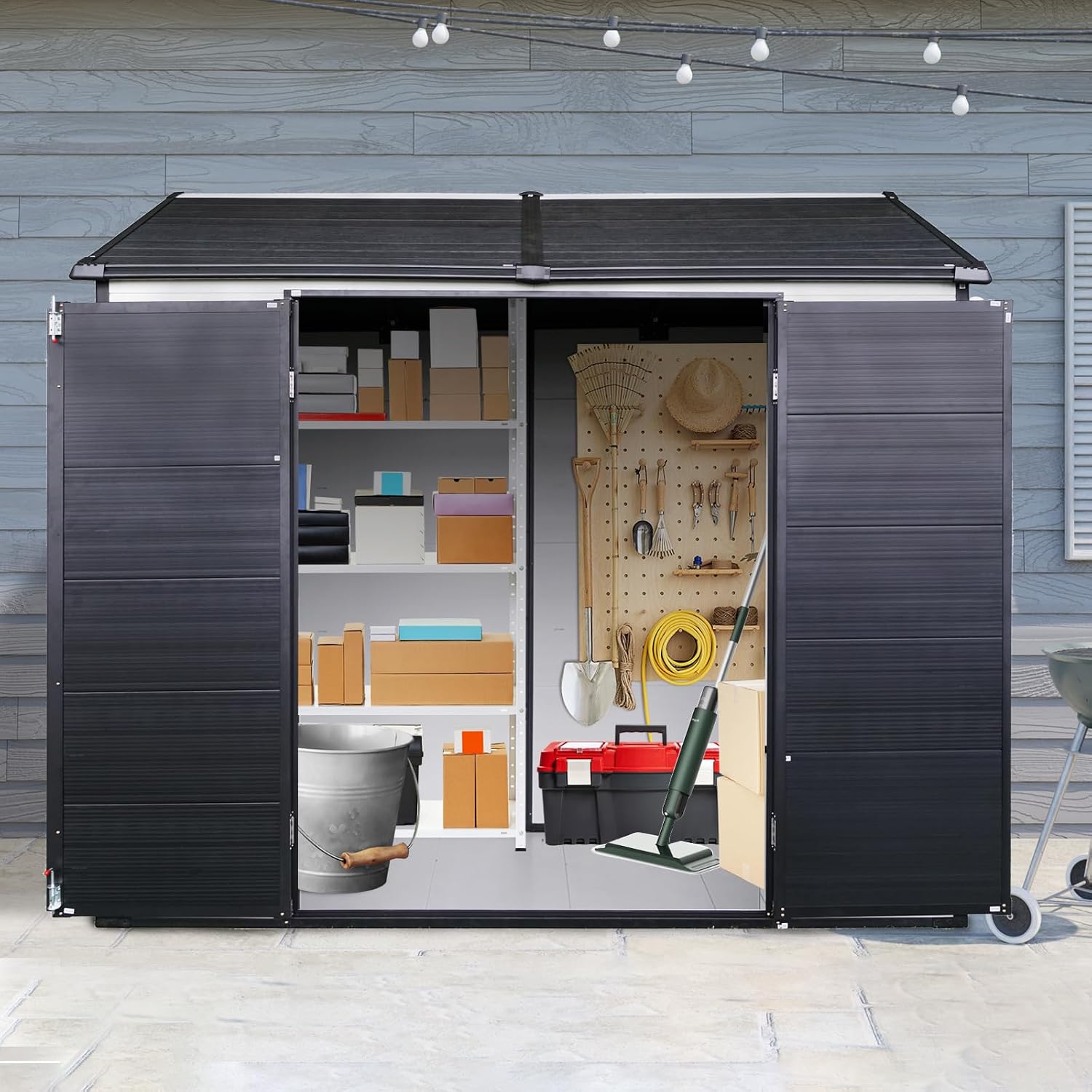 Ball & Cast 8x6 FT Resin Outdoor Storage Shed,Waterproof Garden Organizer Tool House with Floor & Two Windows,Backyard Cabinet w/Lockable Door and 2 Ventilation,Shelter for Car,Lawnmower,Grey+White