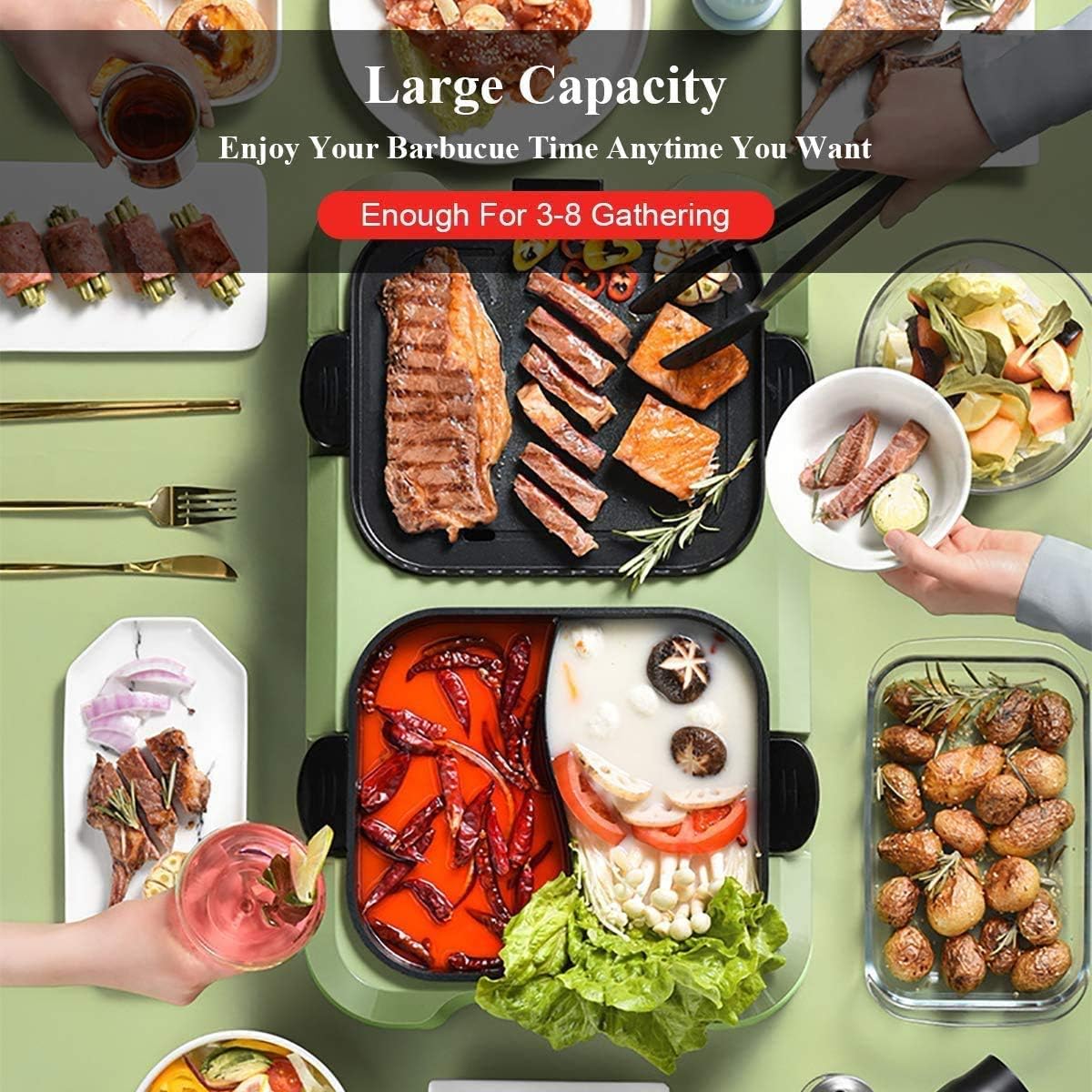 Electric Grill And Hot Pot,Fast Heat Hot Pot,Smokeless BBQ Grill Non-Stick Pan,Separate Dual Temperature Control,for 2-12 People,Red (Color : Green)