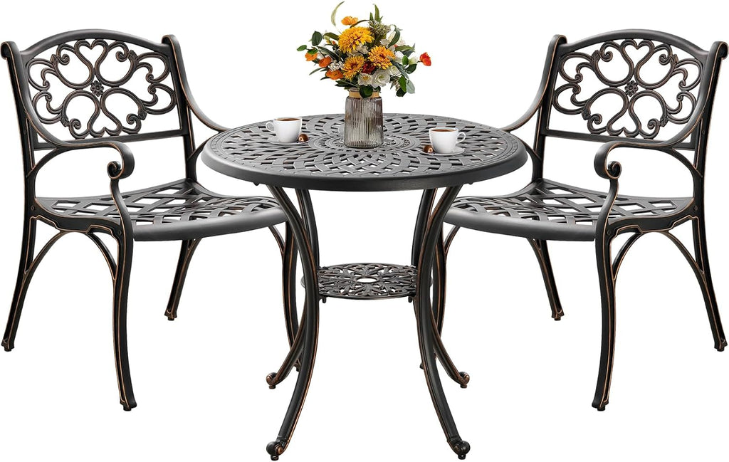 3 Piece Outdoor Dining Set,Cast Aluminum Bistro Set with Umbrella Hole, All Weather Patio Furniture Set, Small Patio Dining Set for Garden/Balcony/Deck Bronze (Flower Backrest)