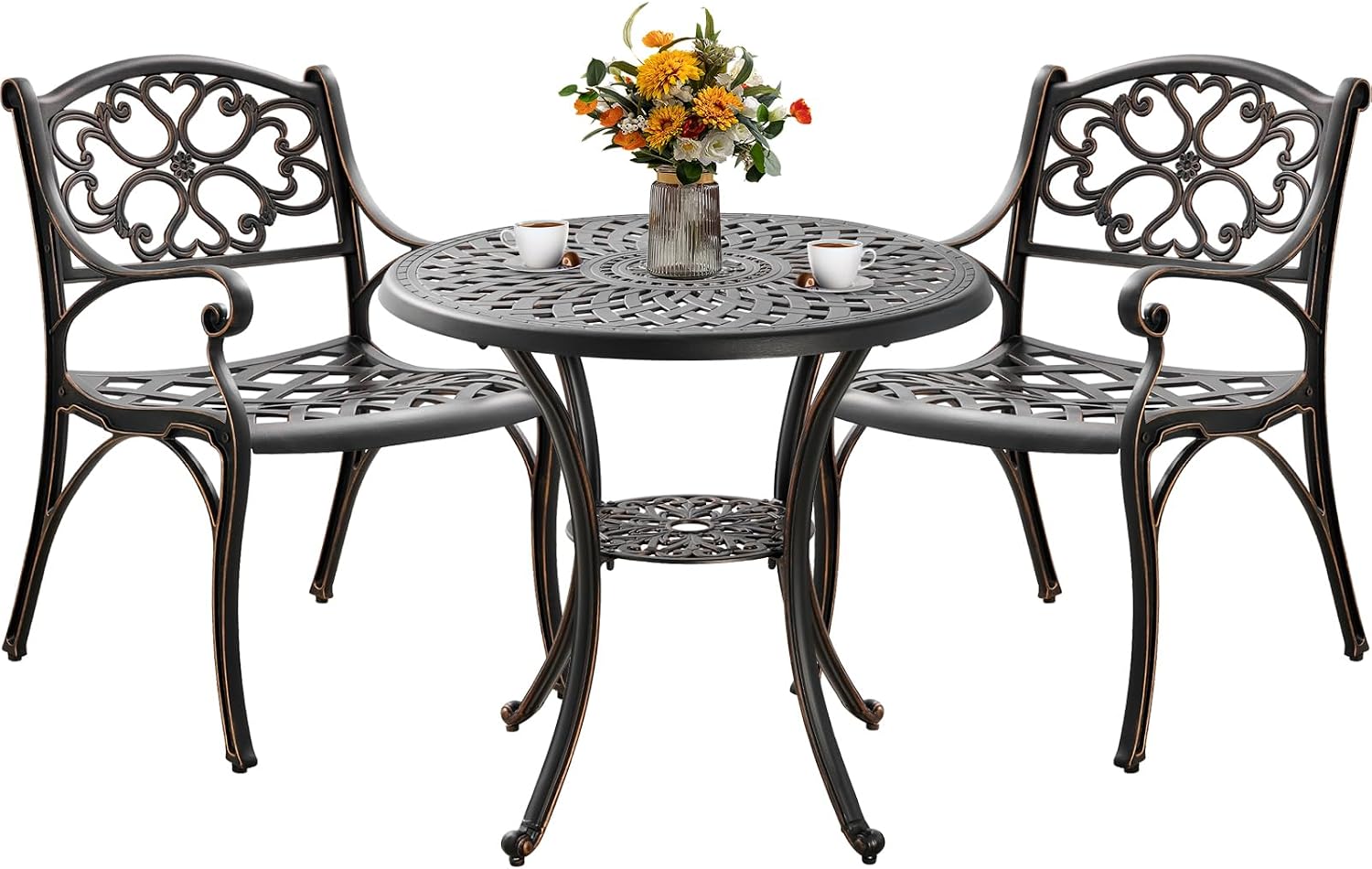 3 Piece Outdoor Dining Set,Cast Aluminum Bistro Set with Umbrella Hole, All Weather Patio Furniture Set, Small Patio Dining Set for Garden/Balcony/Deck Bronze (Flower Backrest)