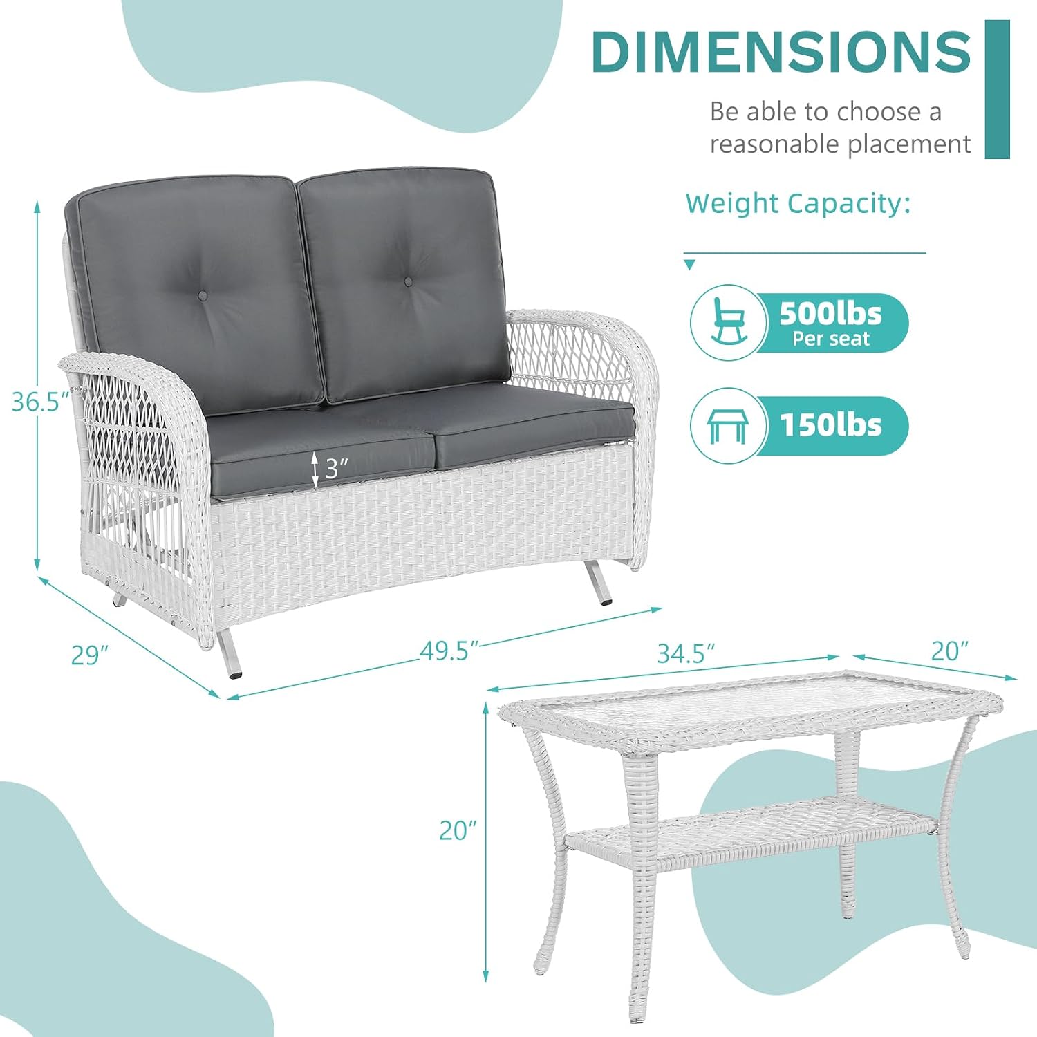 MEETWARM Outdoor Wicker Patio Glider Set, Loveseat for 2 Person Porch Furniture Glider with Glass-Top Coffee Table, Patio Glider Rocking Bench with Thickened Cushions, White Wicker/Grey