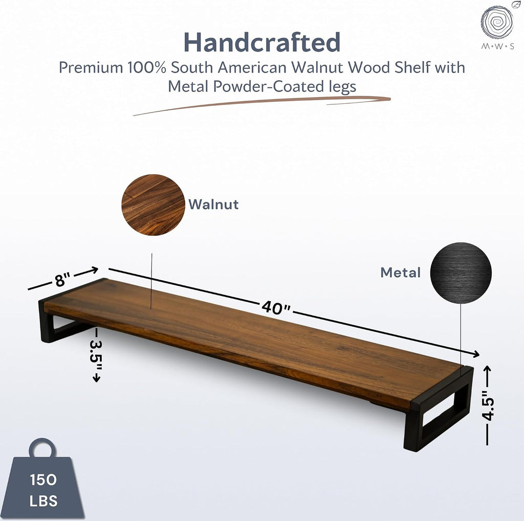 Dual Monitor Stand Riser for Desk – 40' Wide Walnut Solid Wood Desk Riser with Metal U-Legs, Scratch-Resistant, Hassle-Free Assembly