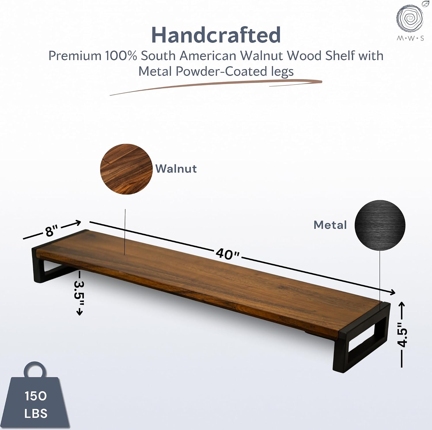 Dual Monitor Stand Riser for Desk – 40' Wide Walnut Solid Wood Desk Riser with Metal U-Legs, Scratch-Resistant, Hassle-Free Assembly