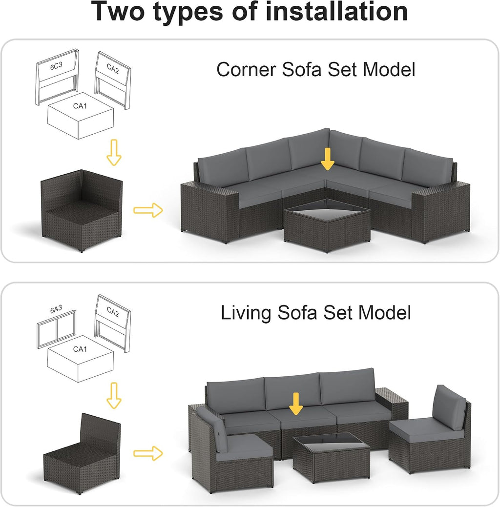Patio Furniture Set with Fire Pit Table, 7PCS Outdoor Conversation Sets Waterproof Rattan Sectional Sofa with 4' Thickened Cushion Modular Wicker Patio Furniture Set with Glass Top Table (Grey)