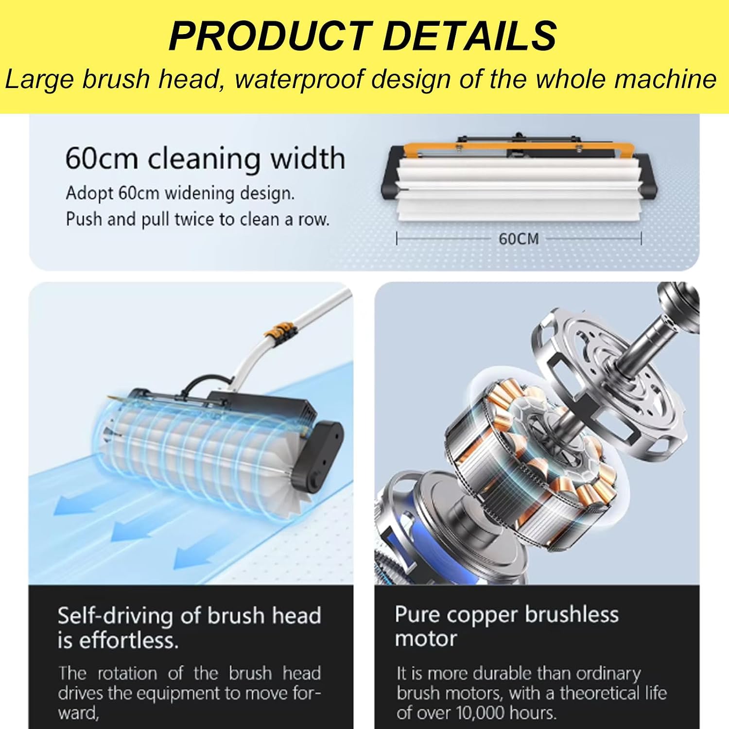 Electric Solar Panel Cleaning Brush 25Ft Long Handle Window Cleaner Tool,60Cm Wide Brush Head Design,Pure Copper Brushless Motor,A-Battery