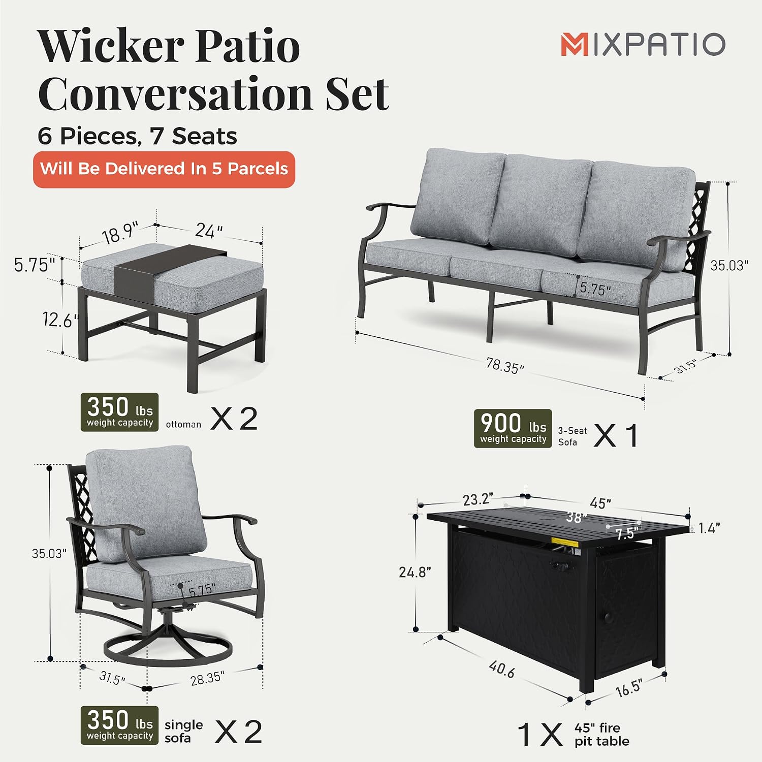 MIXPATIO Patio Furniture Set, 6 Pcs Metal Outdoor Conversation Set, 2 Swivel Chairs, 2 Ottomans and 3 Seater Sofa with 5.75' Extra Thick Cushion and Gas Fire Pit Table, Grey