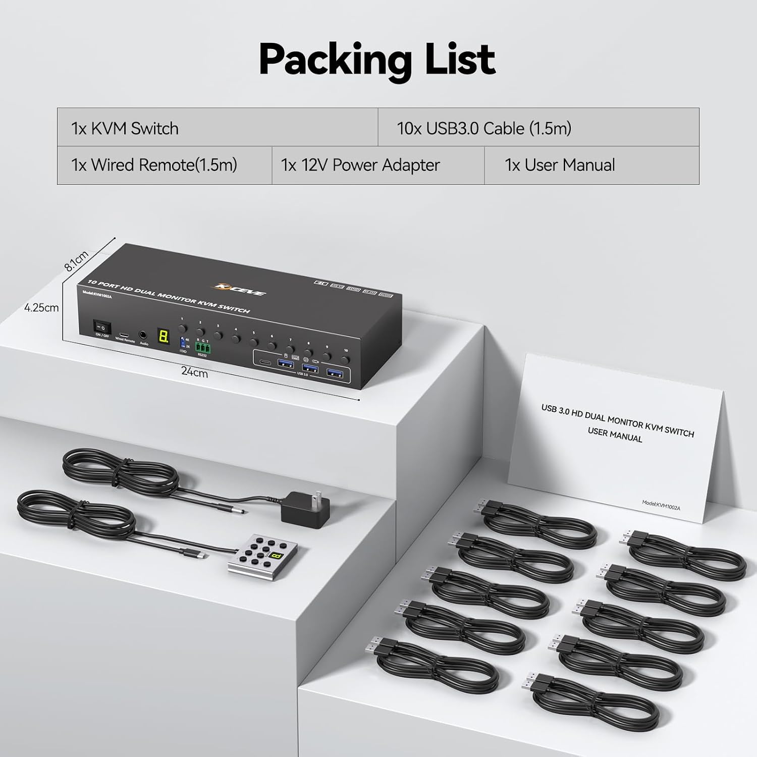 8 Port DisplayPort KVM Switch 4K@60Hz EDID Simulation, USB 3.0 DP KVM Switch for 8 Computers Share 1 Monitor and 4 USB Devices, Audio RS232,Wired Remote, 12V Power Supply & 8 USB Cables Included