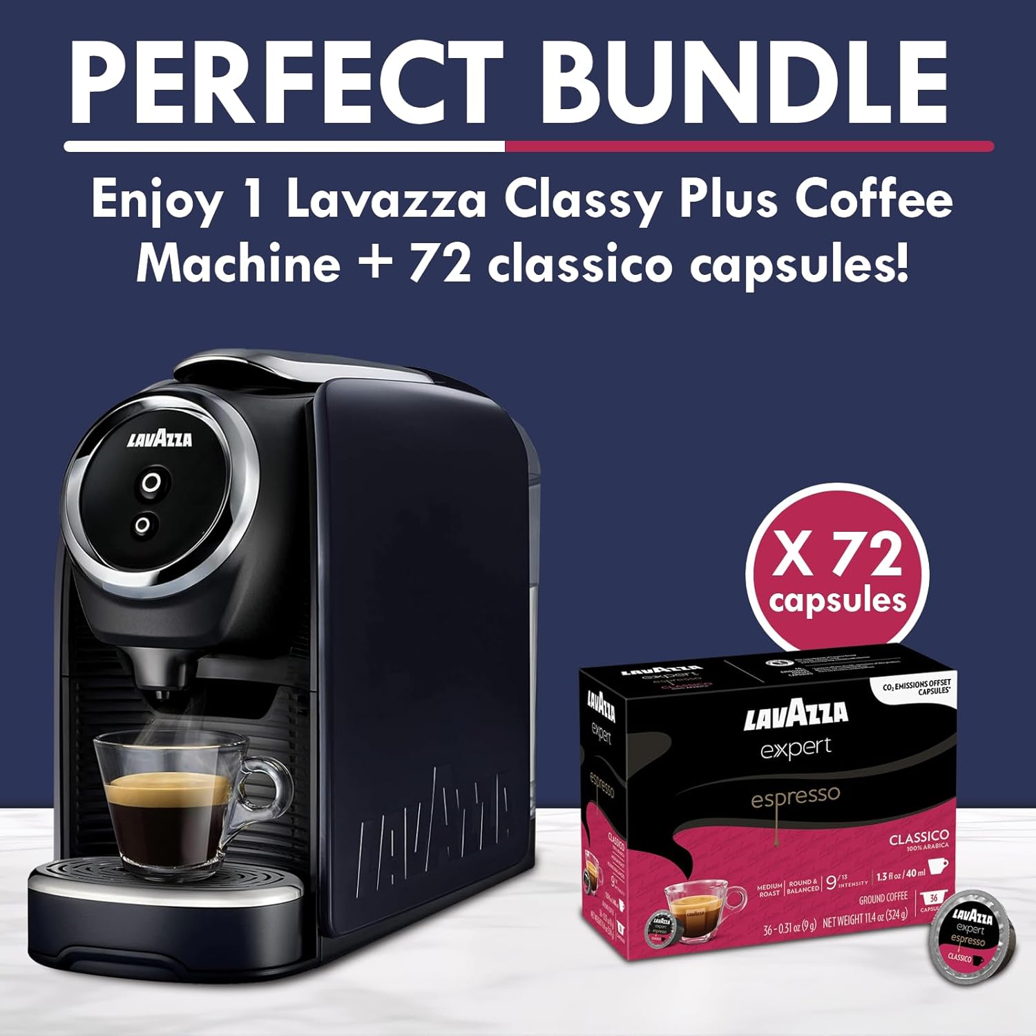 Lavazza Classy Mini Coffee Maker – 72 Count Classico Espresso Capsules – Compact Single-Serve Machine for Espresso & Lungo – Compatible Expert Pods