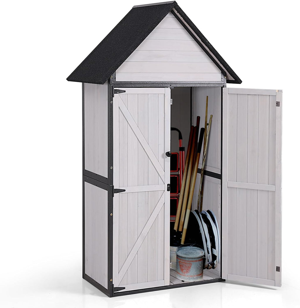 GUTINNEEN Sheds Outdoor Storage Wooden Garden Tool Shed with Metal Frame Sloped Roof and Adjustable 3 Tiers Shelves Outdoor Storage Cabinet for Backyard Garden Patio Lawn 67.1'(Off White)