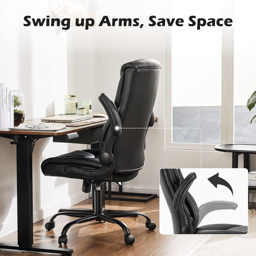 DUMOS Office Chair Set of 2 - Ergonomic Executive Computer Desk Chairs with Adjustable Flip-up Armrest, Swivel Task Chair with Lumbar Support, Strong Metal Base, PU Leather, Black