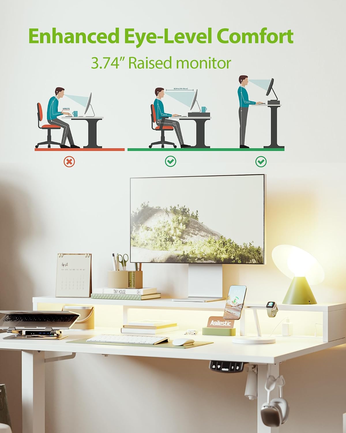 Agilestic 63x24 Inch Electric Standing Desk with Shelf, Height Adjustable Desk with Power Outlets & LED, Sit Stand Up Table with Monitor Stand, Computer Workstation, White