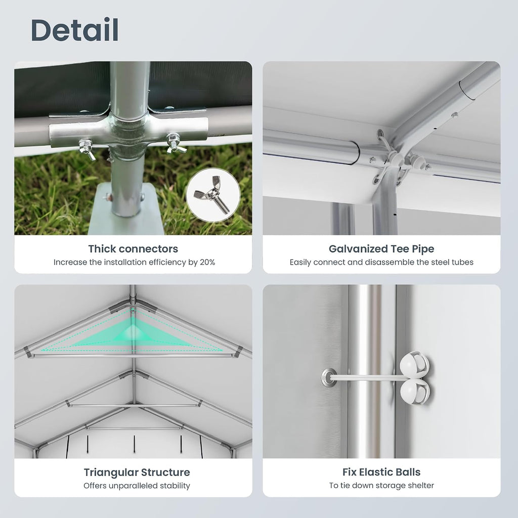 PHI VILLA 10X15ft Carport, Portable Carports Outdoor Storage Shelter Shed Garage Canopy with Roll up Zipper Doors & Vents Waterproof UV Resistant Garages Tent for Cars,Boats,Tools, Motorcycle, Gray