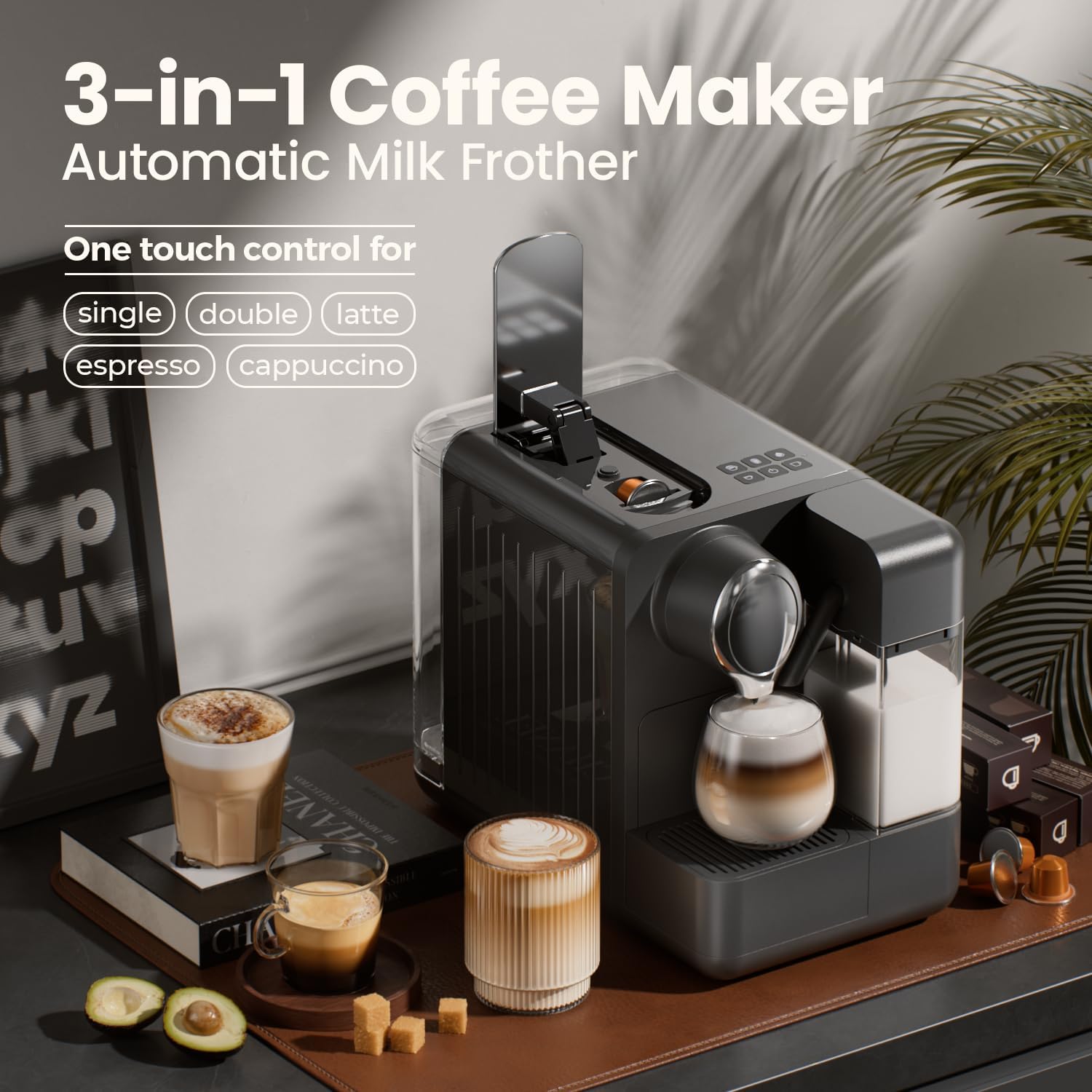 Espresso Machine with Integrated Automatic Milk Frother - Single-Serve Coffee Maker Capsule Compatible, One Touch Latte & Cappuccino, Single or Double Shot Espresso Maker