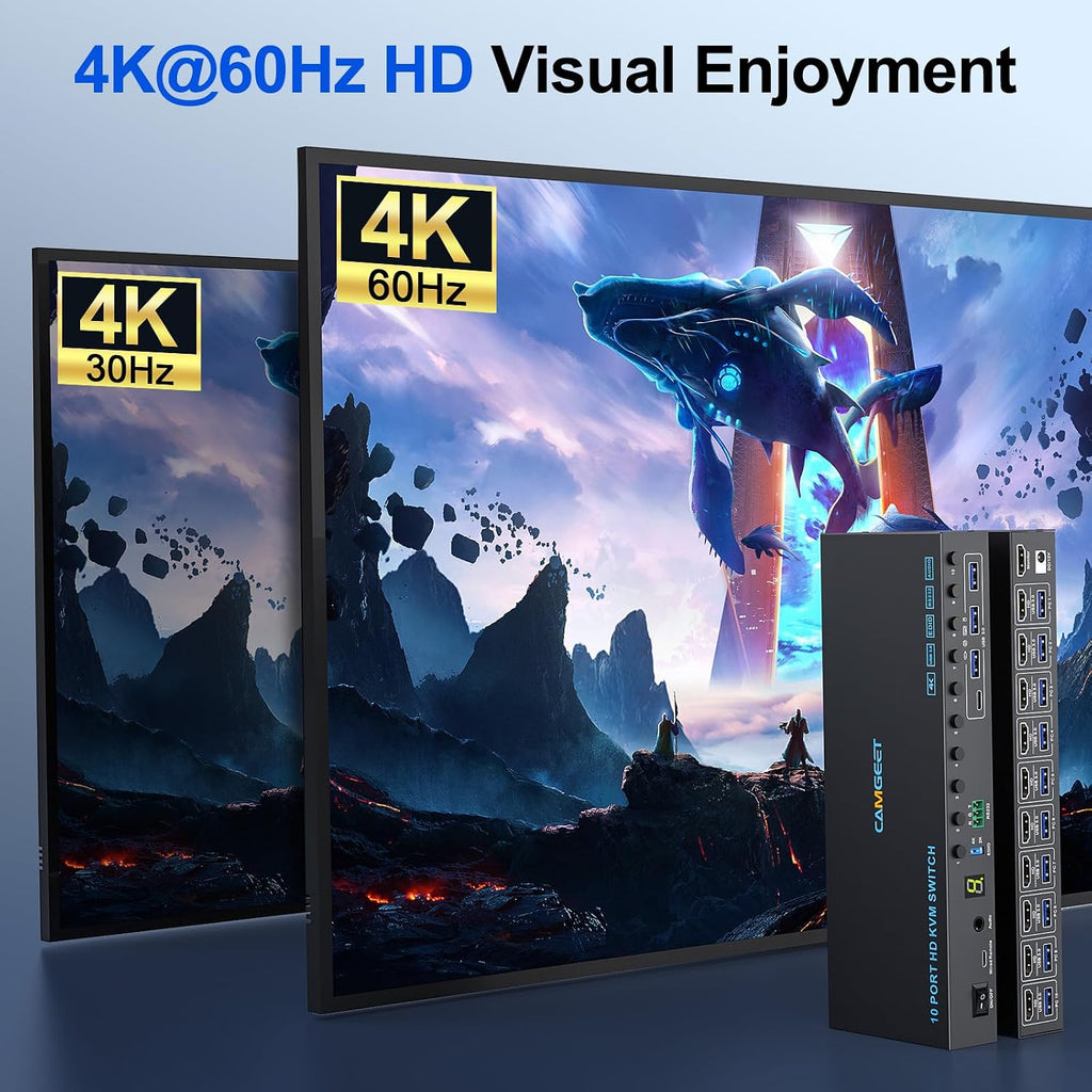 10 Port 8 Port 2 Monitors KVM Switch HDMI 4K@60Hz EDID Simulation, USB 3.0 Dual Monitor KVM Switch 2 Monitors 8 Computers 10 Computers,4 USB3.0 Ports, Audio,RS232,Wired Remote,12V Power,10 USB Cables