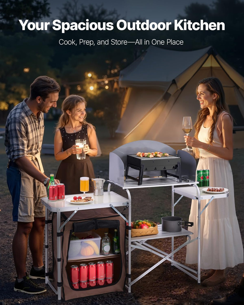 VEVOR Camping Kitchen Table, Folding Outdoor Cooking Table with Storage Carrying Bag, Aluminum Cook Station 1 Cupboard & Detachable Windscreen, Quick Set-up for Picnics, BBQ, RV Traveling, Brown