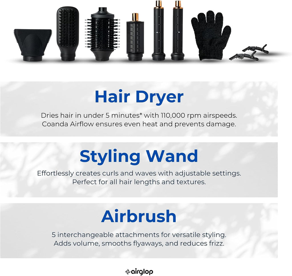 Hair Dryer Brush 6-in-1 Air Styler – Fast-Drying 110,000 RPM Ionic Blow Dryer with Straightener & Curler Attachments, Hair Styling Tools, Multi-Styler with Auto-Wrap Curlers, Best Gift for Girl/Women