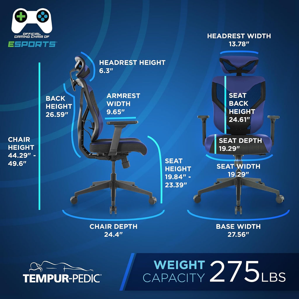Tempur-Pedic Blaze Auto-Adaptive Ergonomic Gaming Chair with Lumbar Support and 3D Armrest Adjustment, Cooling Racing Style Gaming Chair, Blue