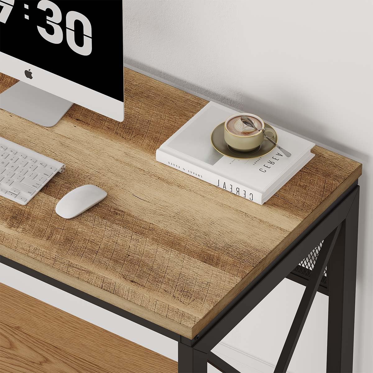 BON AUGURE Farmhouse Computer Desk, Modern Industrial Home Office Desks, Wood Metal Study Writing Table, Sturdy Gaming Desk (Vintage Oak, 54 Inch)