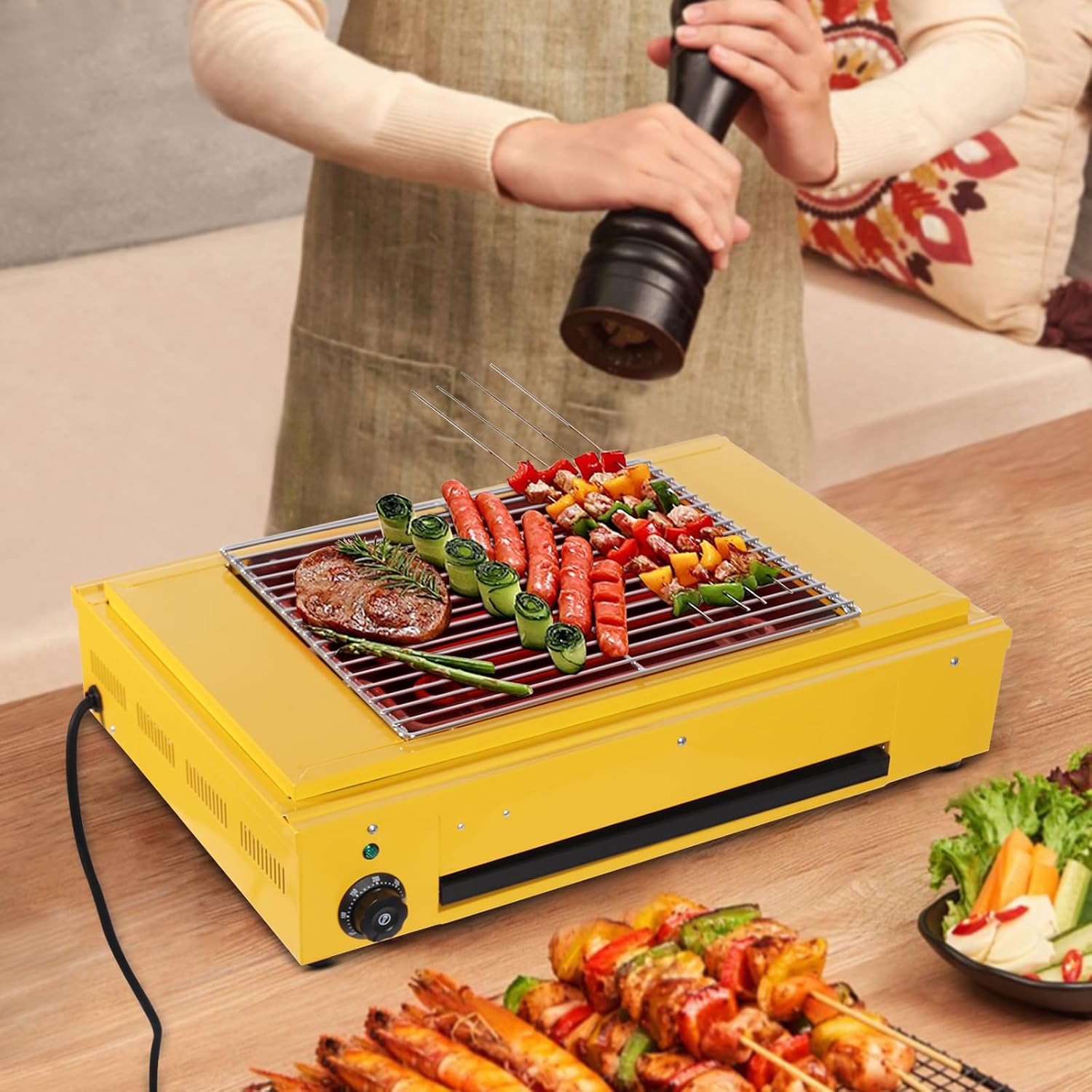 Single Head Temperature Controlled Electric Grill, Adjustable Temperature Control to 572℉, Portable Outdoor Barbecue Grill, Household And Commercial Electric Skewer Grill Yellow