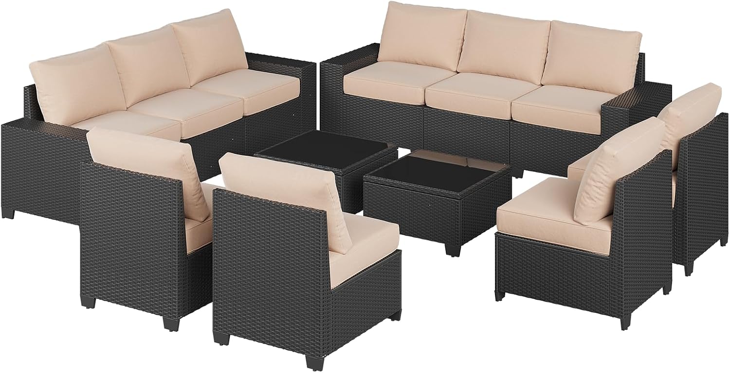 Aoxun Patio Furniture Set, 12 Pcs Outdoor Patio Furniture Sets with 4 in Thicken Cushion and Coffee Table, Widen Armrests Wicker Outdoor Sectional for Backyard and Garden, Beige